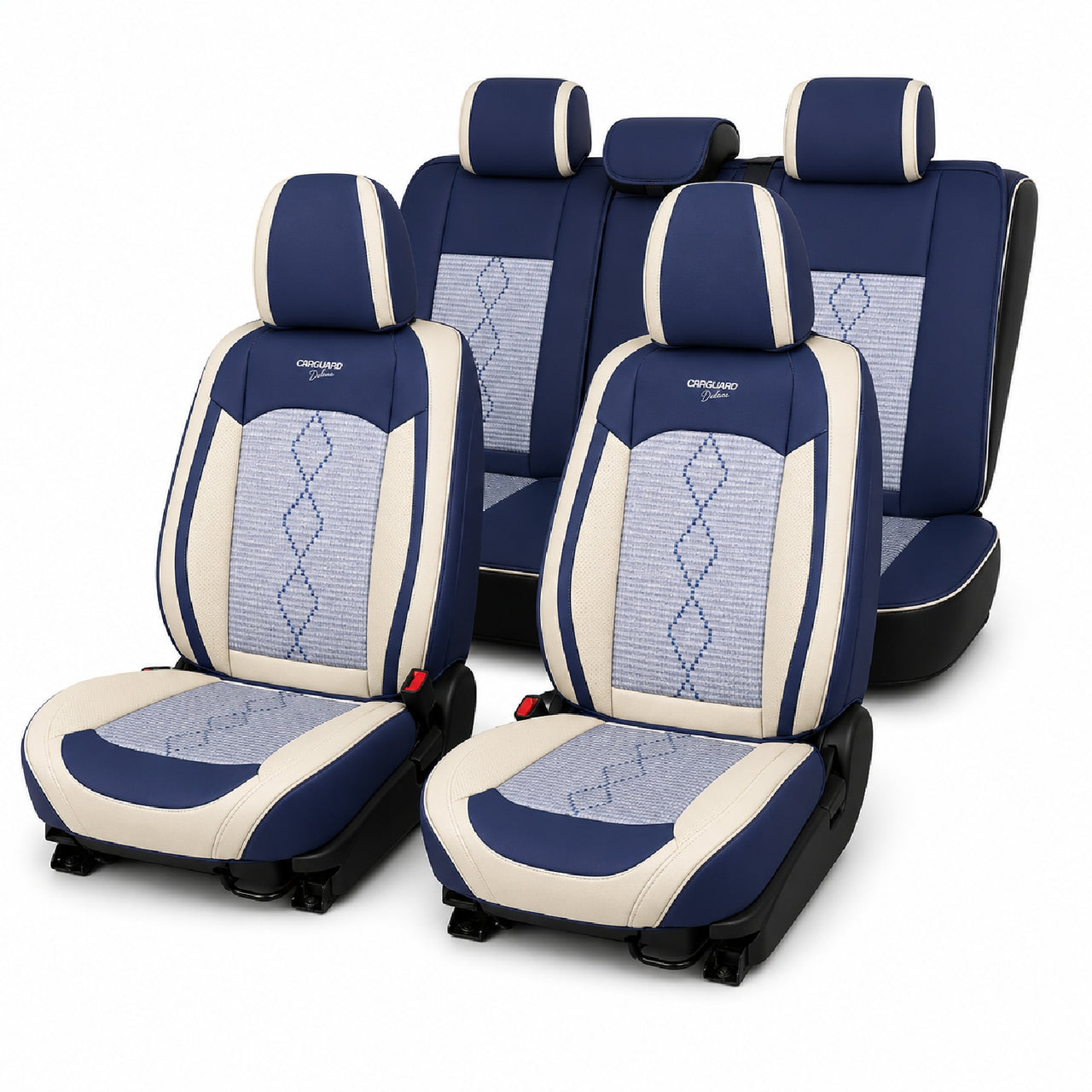 Huse auto premium 5 locuri Carguard Deluxe piele ecologică perforată și textil - albastru - alb