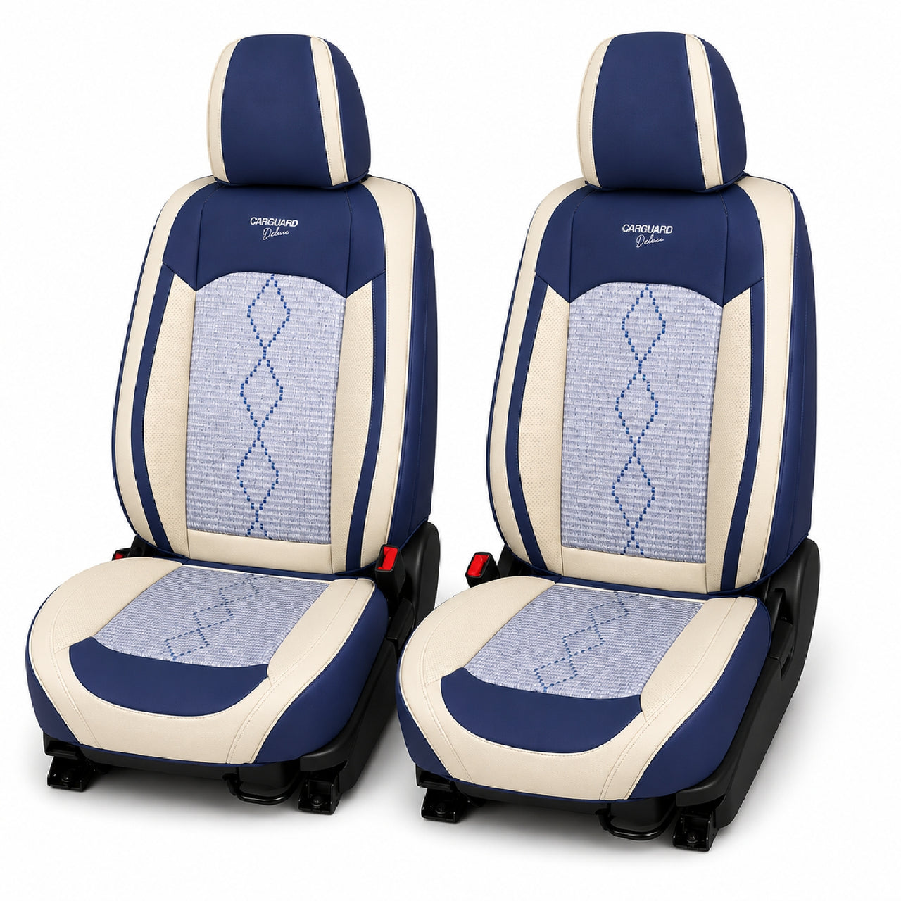 Huse auto premium 5 locuri Carguard Deluxe piele ecologică perforată și textil - albastru - alb