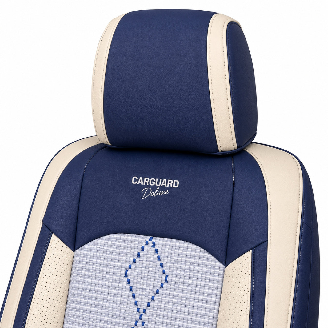 Huse auto premium 5 locuri Carguard Deluxe piele ecologică perforată și textil - albastru - alb