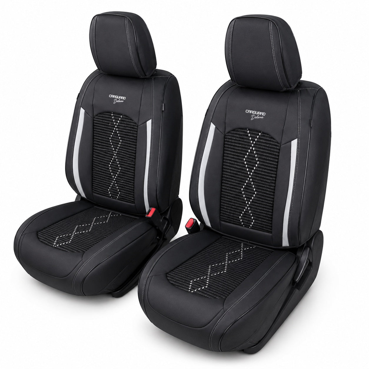 Huse auto premium 5 locuri Carguard Deluxe piele ecologică perforată și textil - negru - alb