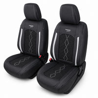 Huse auto premium 5 locuri Carguard Deluxe piele ecologică perforată și textil - negru - alb