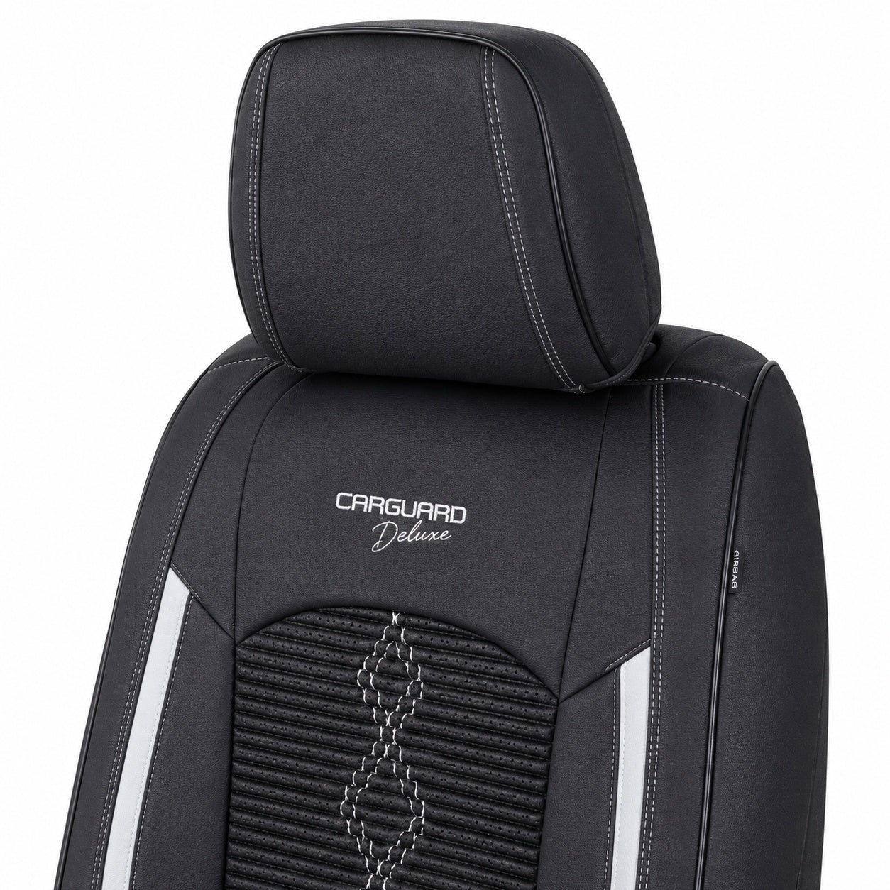 Huse auto premium 5 locuri Carguard Deluxe piele ecologică perforată și textil - negru - alb