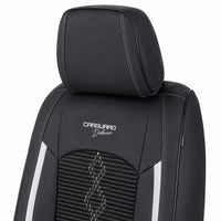 Huse auto premium 5 locuri Carguard Deluxe piele ecologică perforată și textil - negru - alb