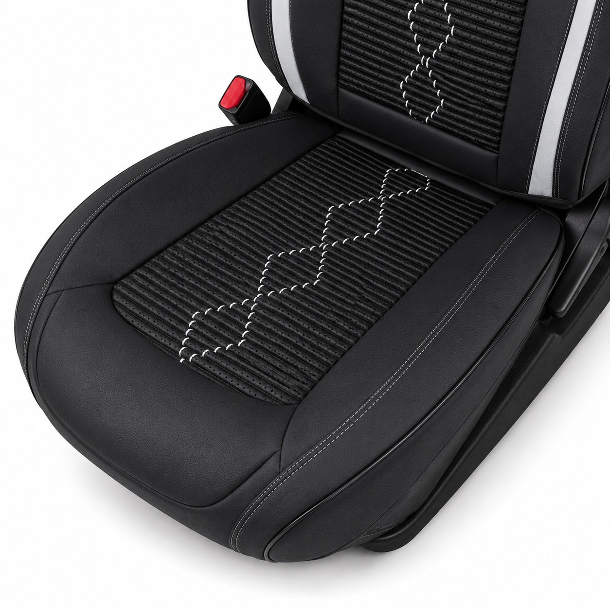 Huse auto premium 5 locuri Carguard Deluxe piele ecologică perforată și textil - negru - alb