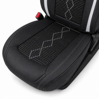 Huse auto premium 5 locuri Carguard Deluxe piele ecologică perforată și textil - negru - alb