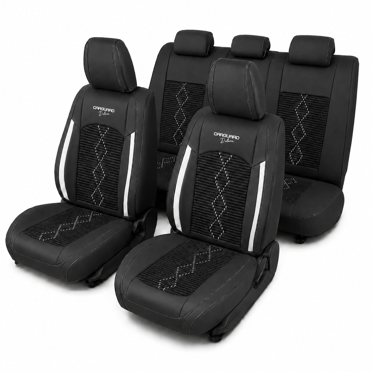 Huse auto premium 5 locuri Carguard Deluxe piele ecologică perforată și textil - negru - alb