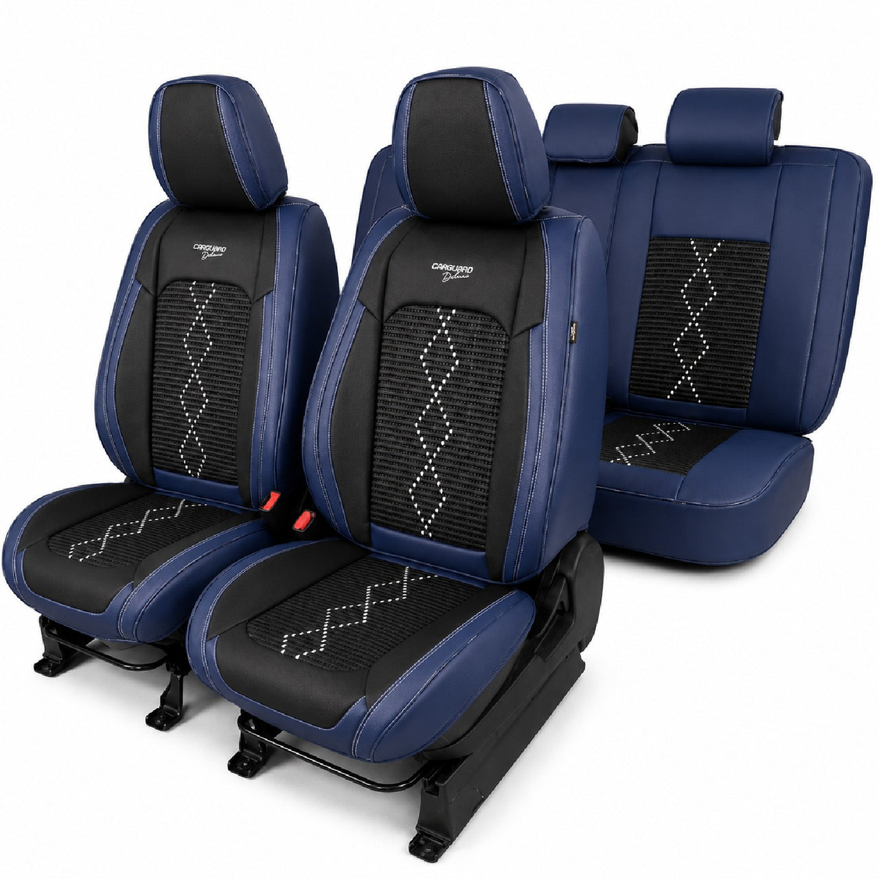 Huse auto premium 5 locuri Carguard Deluxe piele ecologică perforată și textil - negru - albastru închis
