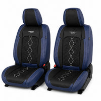 Huse auto premium 5 locuri Carguard Deluxe piele ecologică perforată și textil - negru - albastru închis