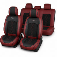Huse auto premium 5 locuri Carguard Deluxe piele ecologică perforată și textil - roșu închis - negru