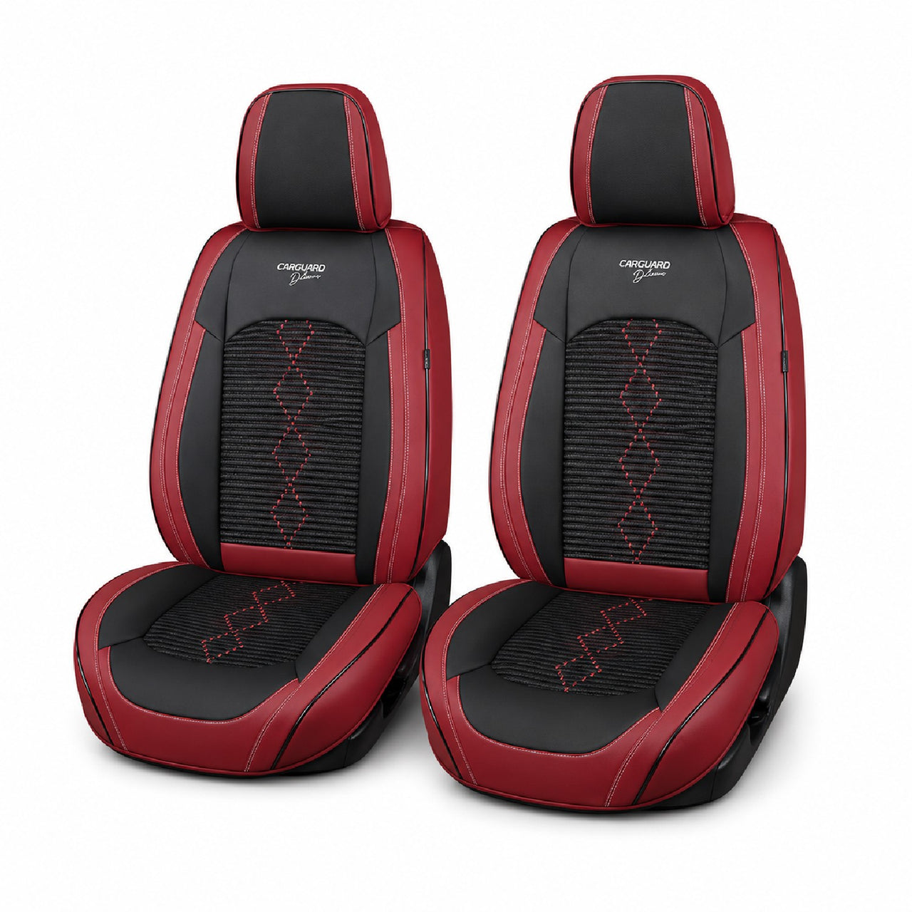 Huse auto premium 5 locuri Carguard Deluxe piele ecologică perforată și textil - roșu închis - negru