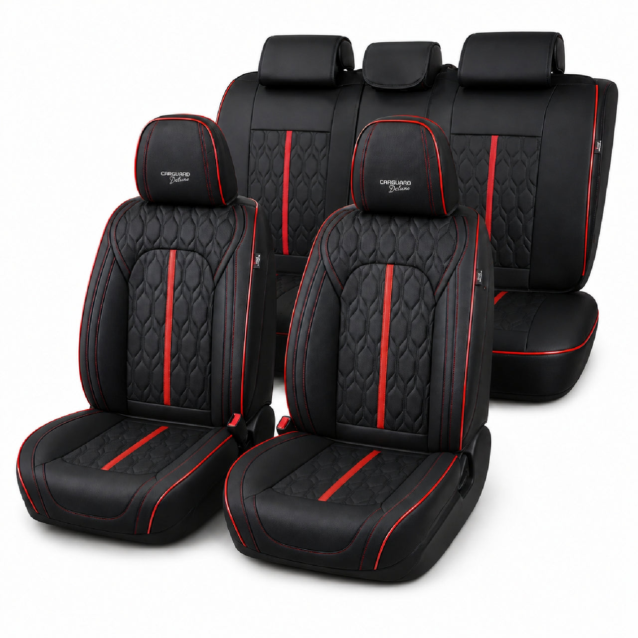 Huse auto premium 5 locuri Carguard Deluxe piele ecologică perforată - negru - rosu