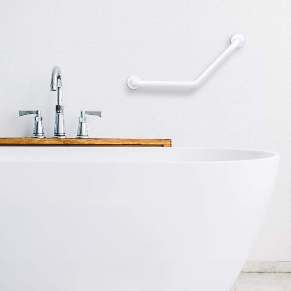 Bară de sprijin baie unghi 45° – oțel inoxidabil – alb – 25 + 25 cm – capacitate 200 kg