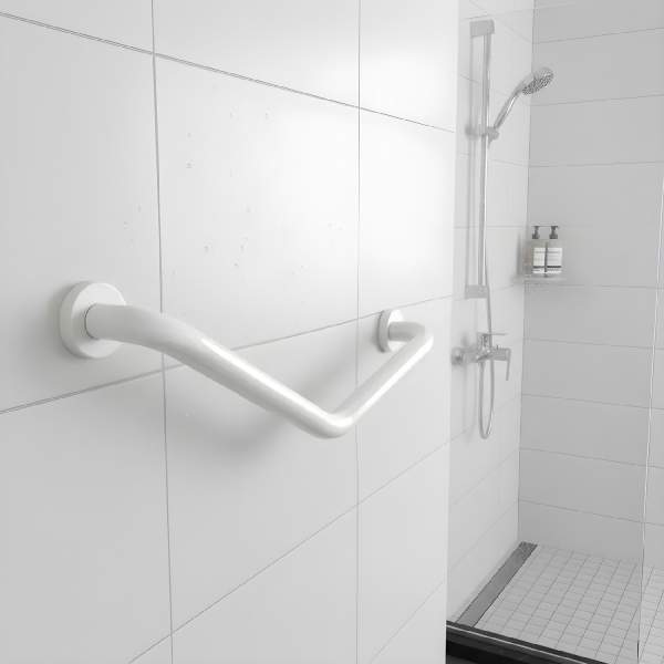 Bară de sprijin baie unghi 45° – oțel inoxidabil – alb – 25 + 25 cm – capacitate 200 kg