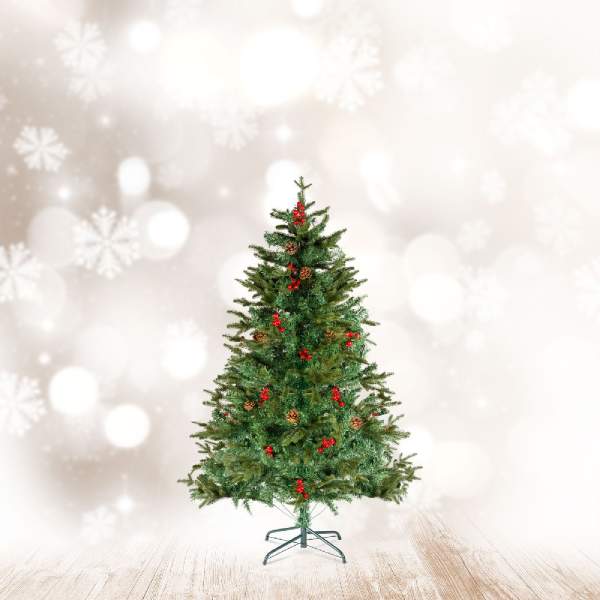 Brad artificial – 120 cm – PE/PVC – cu bobițe roșii