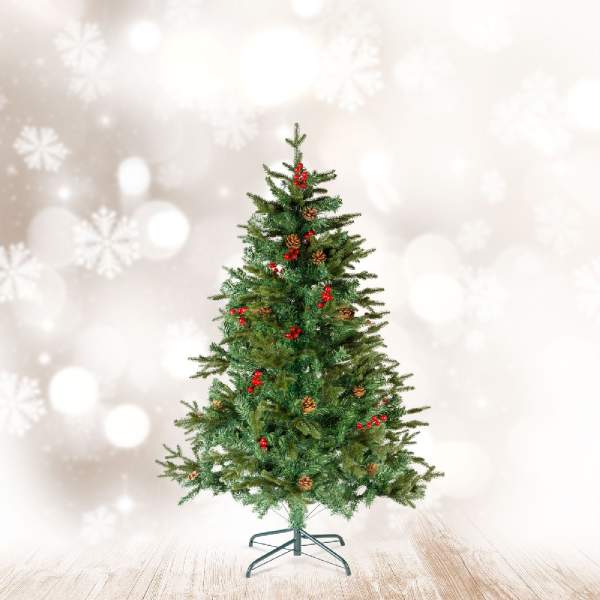 Brad artificial – 150 cm – PE/PVC – cu bobițe roșii