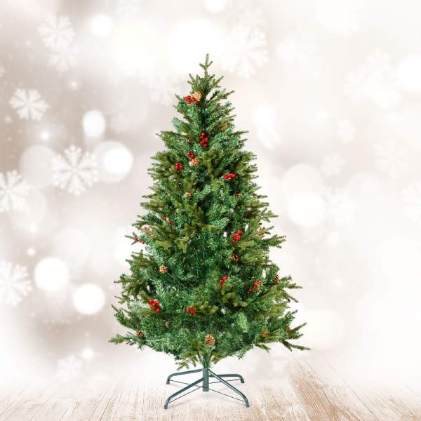 Brad artificial – 180 cm – PE/PVC – cu bobițe roșii