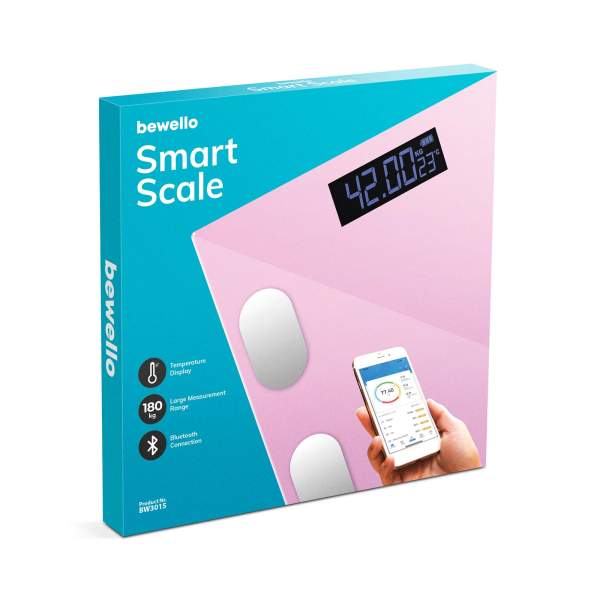 Cantar inteligent - 180 kg - baterie - sticla - roz