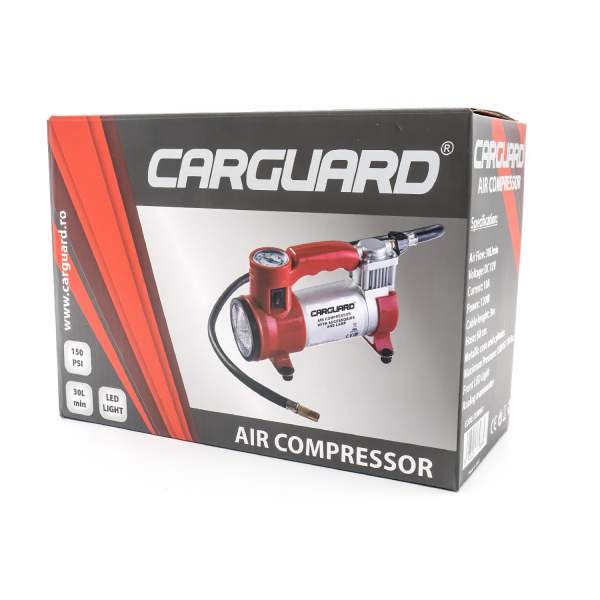 Compresor auto 12V Carguard – 30 L/min – 150 PSI – carcasă metal + LED frontal