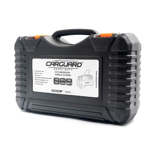 Compresor auto Carguard Heavy-Duty dublu cilindru – 50 L/min – 150 PSI – LED + kit reparație anvelope