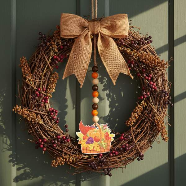 Decorațiune de toamnă – coș al abundenței – din lemn – agățat – 29 x 9 cm