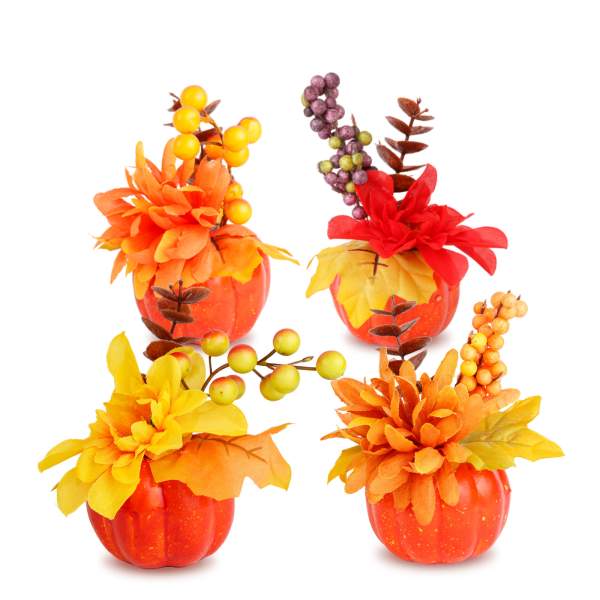 Dovleac decorativ de toamnă cu flori și bobițe – 8 x 10 cm – 4 modele