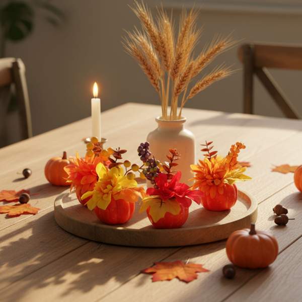 Dovleac decorativ de toamnă cu flori și bobițe – 8 x 10 cm – 4 modele