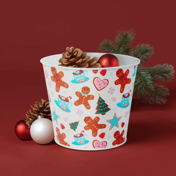 Ghiveci decorativ metalic – model turtă dulce și brad – Ø13 x 11 cm