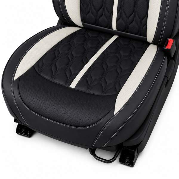 Huse auto premium 5 locuri Carguard Deluxe piele ecologică perforată - negru - alb