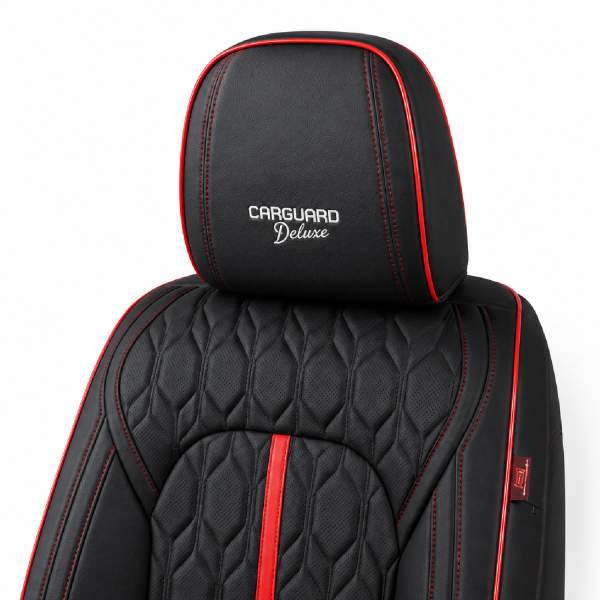Huse auto premium 5 locuri Carguard Deluxe piele ecologică perforată - negru - rosu