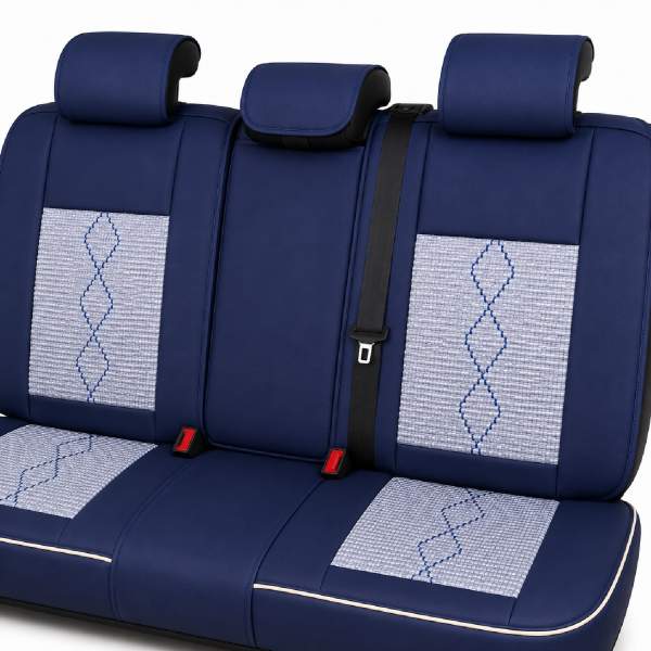 Huse auto premium 5 locuri Carguard Deluxe piele ecologică perforată și textil - albastru - alb