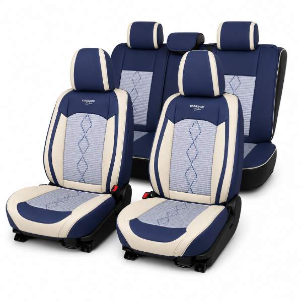 Huse auto premium 5 locuri Carguard Deluxe piele ecologică perforată și textil - albastru - alb