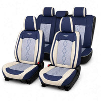 Huse auto premium 5 locuri Carguard Deluxe piele ecologică perforată și textil - albastru - alb