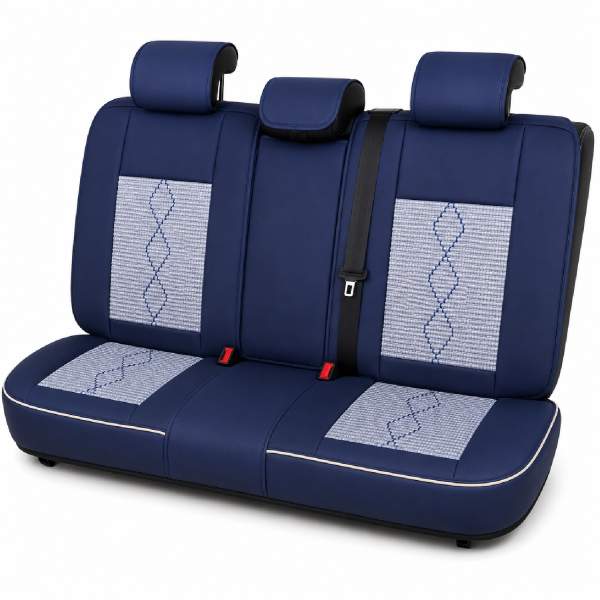 Huse auto premium 5 locuri Carguard Deluxe piele ecologică perforată și textil - albastru - alb