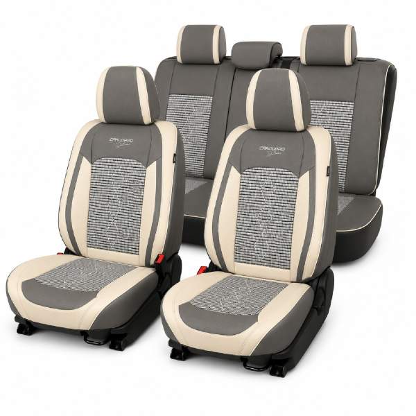 Huse auto premium 5 locuri Carguard Deluxe piele ecologică perforată și textil  - gri deschis - gri inchis