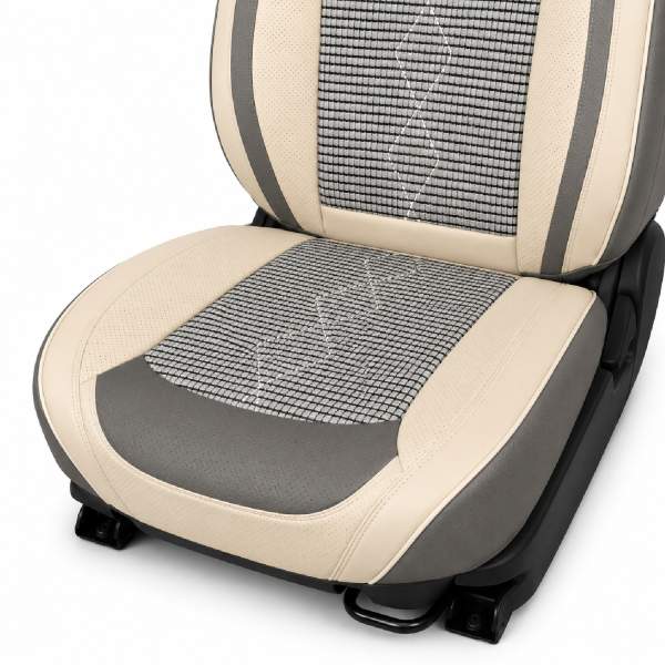 Huse auto premium 5 locuri Carguard Deluxe piele ecologică perforată și textil  - gri deschis - gri inchis