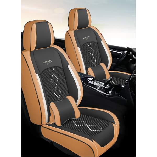 Huse auto premium 5 locuri Carguard Deluxe piele ecologică perforată și textil - maro caramel