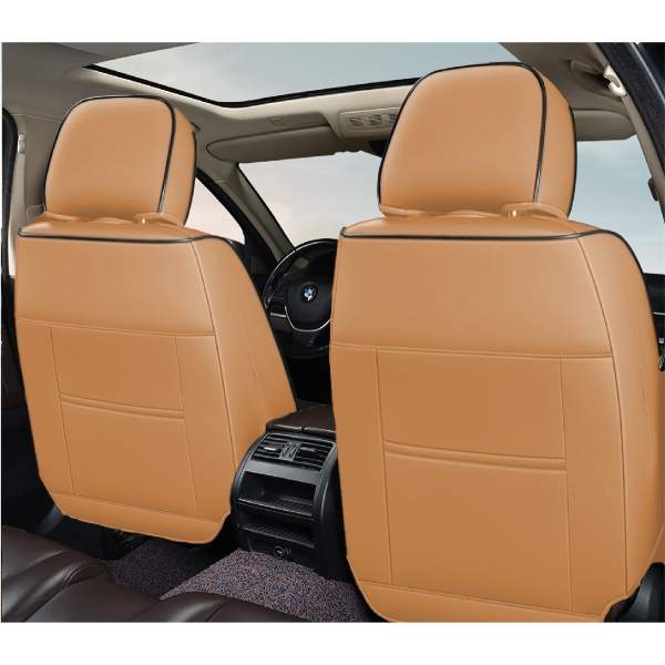 Huse auto premium 5 locuri Carguard Deluxe piele ecologică perforată și textil - maro caramel