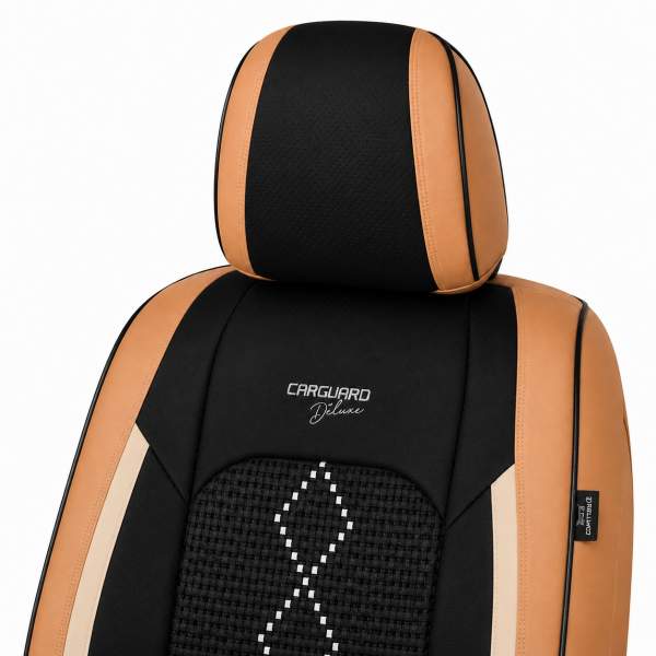Huse auto premium 5 locuri Carguard Deluxe piele ecologică perforată și textil - maro caramel