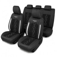 Huse auto premium 5 locuri Carguard Deluxe piele ecologică perforată și textil - negru - alb