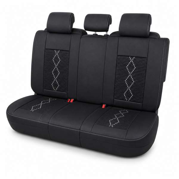 Huse auto premium 5 locuri Carguard Deluxe piele ecologică perforată și textil - negru - alb