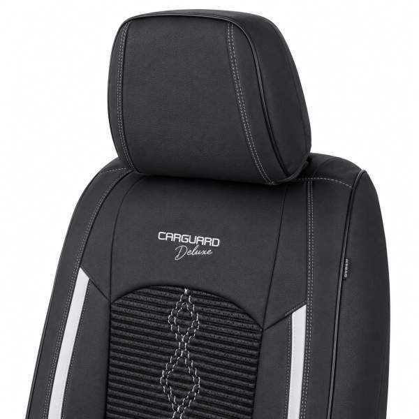 Huse auto premium 5 locuri Carguard Deluxe piele ecologică perforată și textil - negru - alb