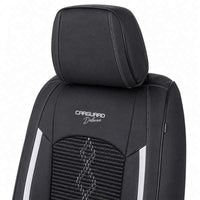 Huse auto premium 5 locuri Carguard Deluxe piele ecologică perforată și textil - negru - alb