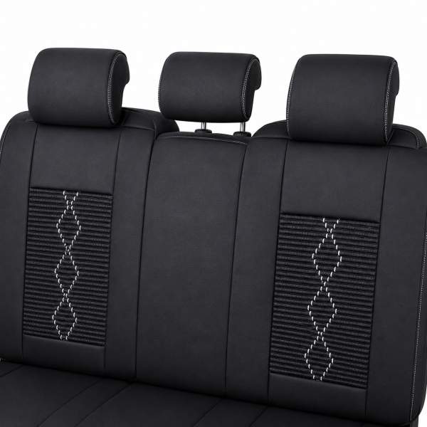 Huse auto premium 5 locuri Carguard Deluxe piele ecologică perforată și textil - negru - alb