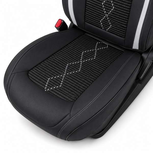 Huse auto premium 5 locuri Carguard Deluxe piele ecologică perforată și textil - negru - alb