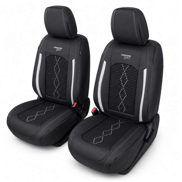 Huse auto premium 5 locuri Carguard Deluxe piele ecologică perforată și textil - negru - alb