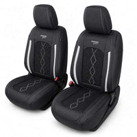 Huse auto premium 5 locuri Carguard Deluxe piele ecologică perforată și textil - negru - alb