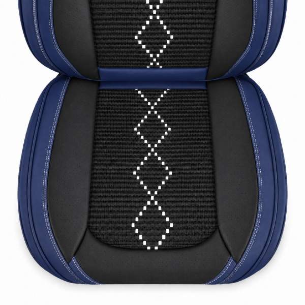 Huse auto premium 5 locuri Carguard Deluxe piele ecologică perforată și textil - negru - albastru închis