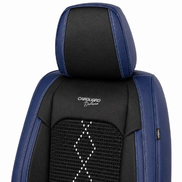 Huse auto premium 5 locuri Carguard Deluxe piele ecologică perforată și textil - negru - albastru închis