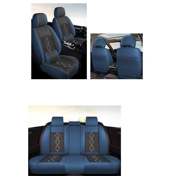 Huse auto premium 5 locuri Carguard Deluxe piele ecologică perforată și textil - negru - albastru închis