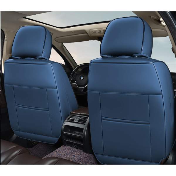 Huse auto premium 5 locuri Carguard Deluxe piele ecologică perforată și textil - negru - albastru închis